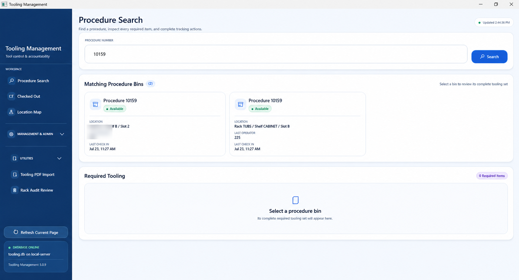 Sanitized Tooling Management application screenshot